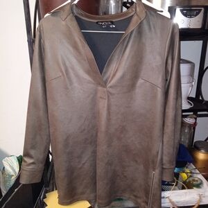 Angel Brown & Black Faux Leather V-Neck Top